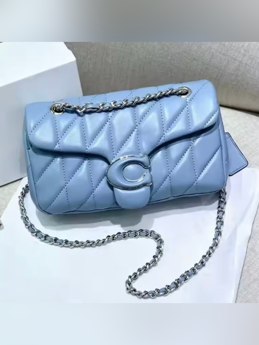 New designer inspired Quilted Leather Shoulder Bag in Light Blue